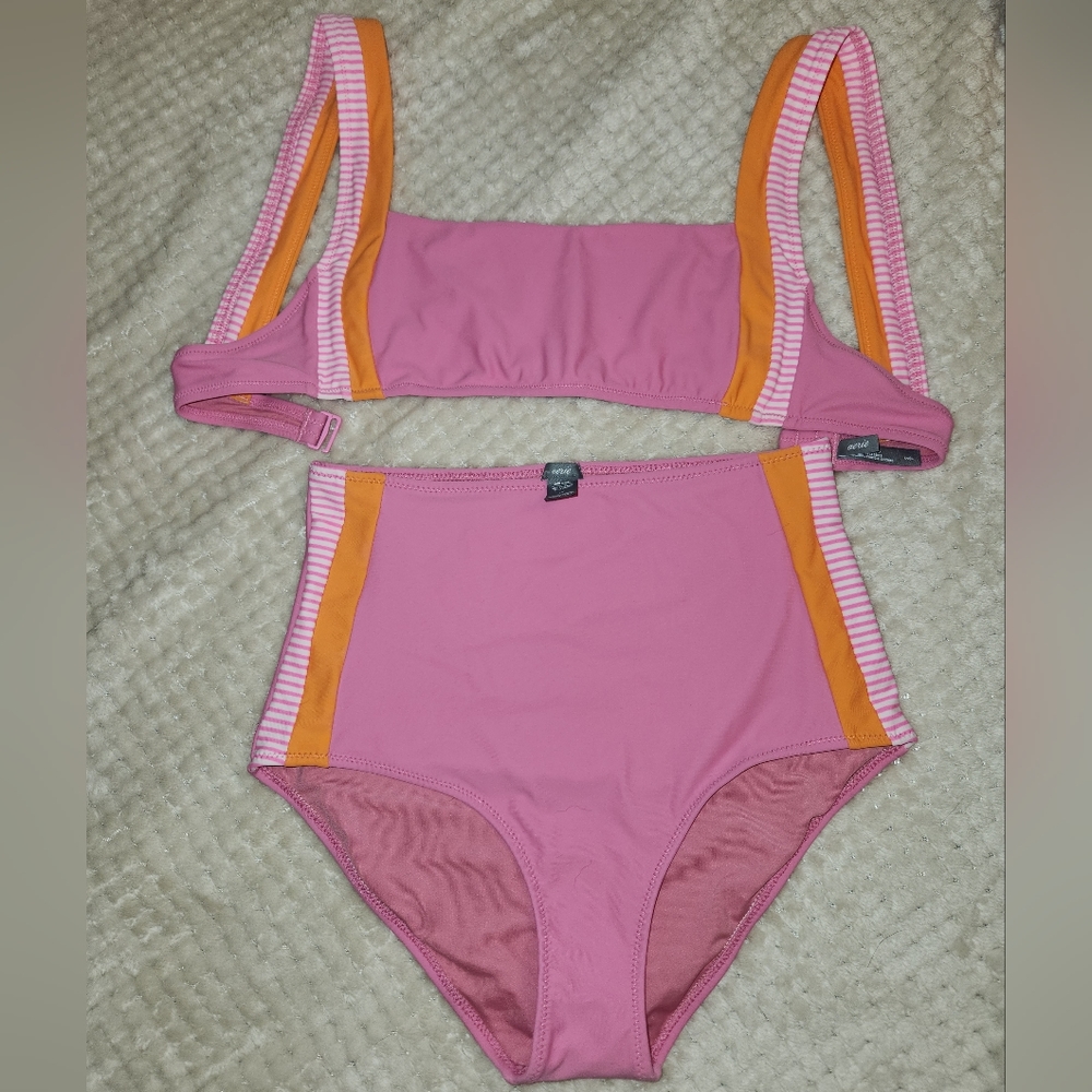 Aerie Track Scoop Bikini Top and High Waisted Bikini Bottom, Size Small, Pink